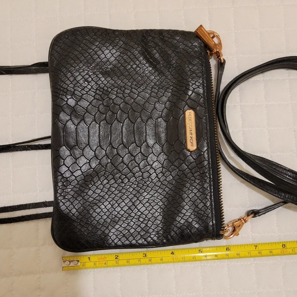 Rebecca Minkoff 3-Zipper Black Snake Embossed Crossbody Leather Bag Moto Goth